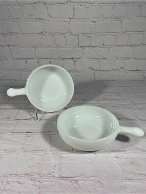 Vintage Glasbake White Milk Glass Soup Chili Chowder Handled Bowls Set of 2